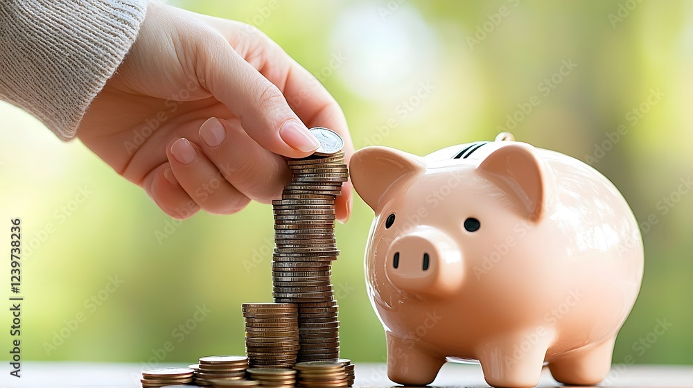 Poster close up of a person s hand carefully stacking coins next to a pink piggy bank representing the powe