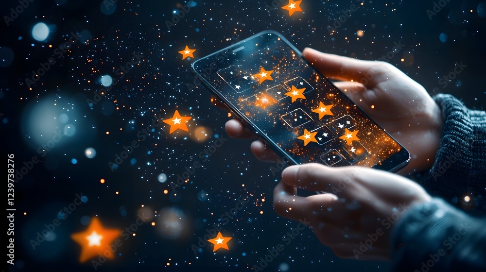 Poster Close up of human hands holding a smartphone device with animated and glowing star ratings floating magically around the screen against a dark night sky or cosmic background