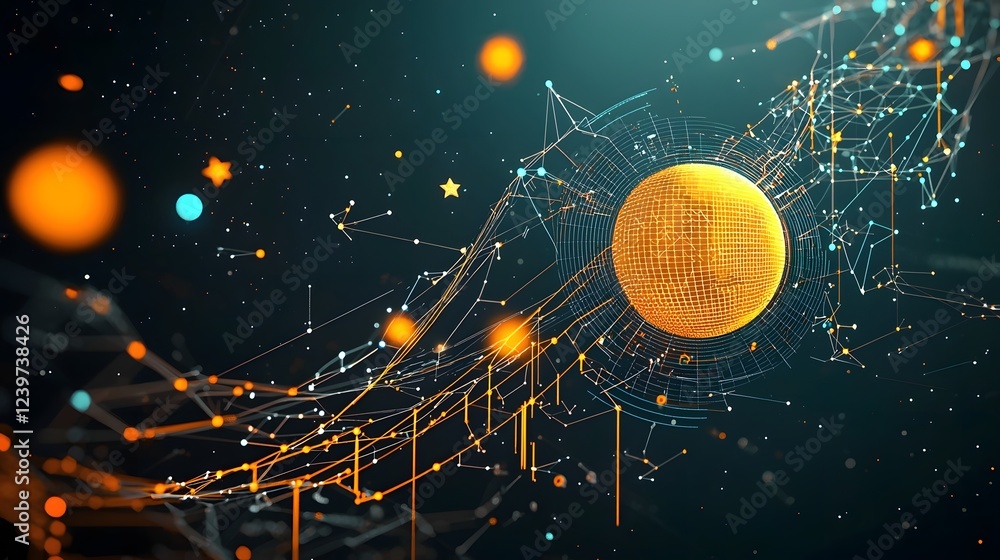 Fototapete Close up view of a digital feedback analysis system featuring floating graphs data visualizations and stellar like formations in a futuristic luminous and dynamic space