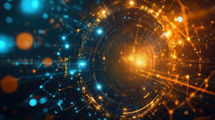 Fototapeta premium Visualizing innovative production processes through a futuristic orange and blue glowing circle, expanding data flow symbolizes rapid technological advancements in modern industries
