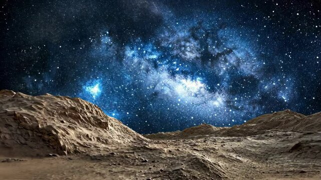 Vast lunar landscape under a brilliant starry sky with swirling galaxies visible in the cosmos