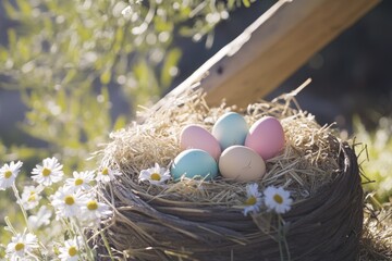 Obraz premium Colorful Easter eggs nestled in a natural nest surrounded by daisies on a sunny day