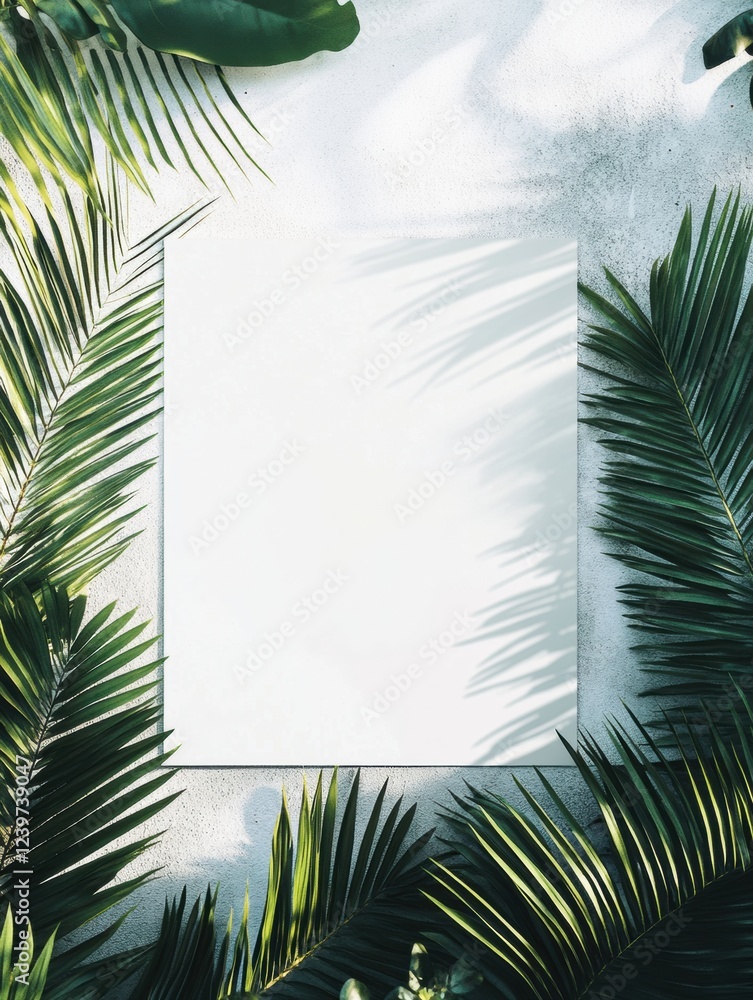 Poster Blank canvas surrounded by tropical leaves creating a serene artistic setting for creative expression in nature. Generative AI