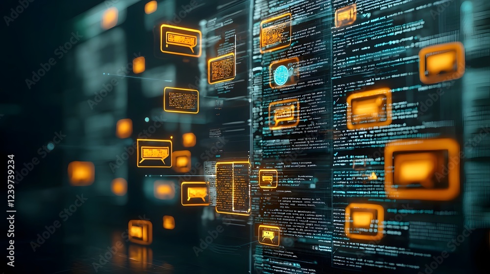 Fototapete Conceptual design of an advanced AI powered text processing system featuring dynamic floating chat elements symbolizing the power of intelligence in analyzing and interpreting digital communication