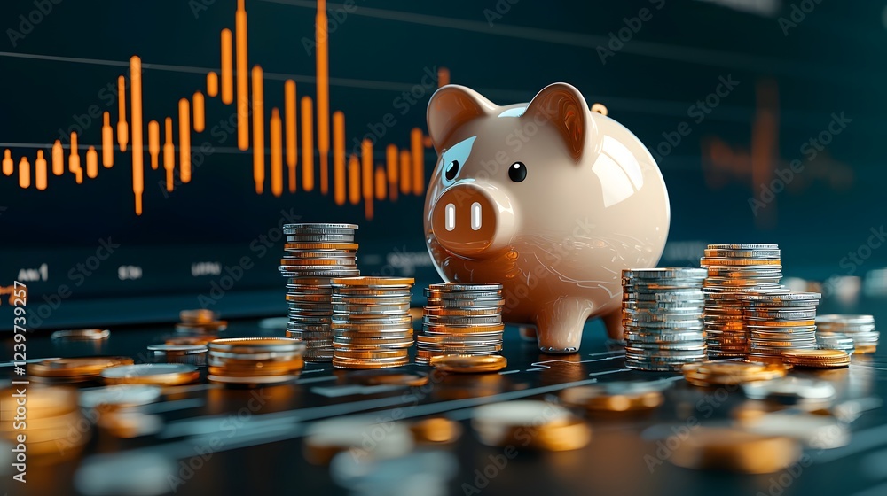 Aufkleber conceptual image of a piggy bank and stacks of coins positioned in front of a rising financial graph