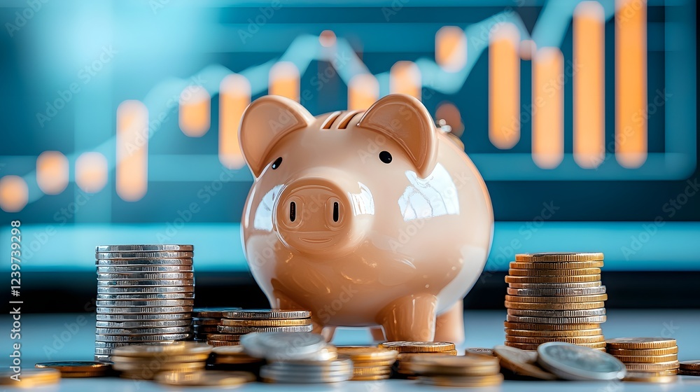 Aufkleber conceptual image of a piggy bank surrounded by stacks of coins and a rising graph on a screen symbol