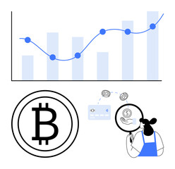 Graph with rising data points, Bitcoin symbol, person inspecting currency exchange using magnifying glass, card transaction. Ideal for finance, cryptocurrency, blockchain, investment, data analysis