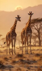 Obraz premium Giraffes roaming freely in a vast savannah at sunset with golden hues casting across their tall bodies, grassy land, , wildlife