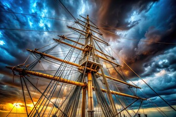 Obraz premium Aerial perspective: a tall ship battles ferocious waves, its rigging a chaotic dance of ropes and pulleys.