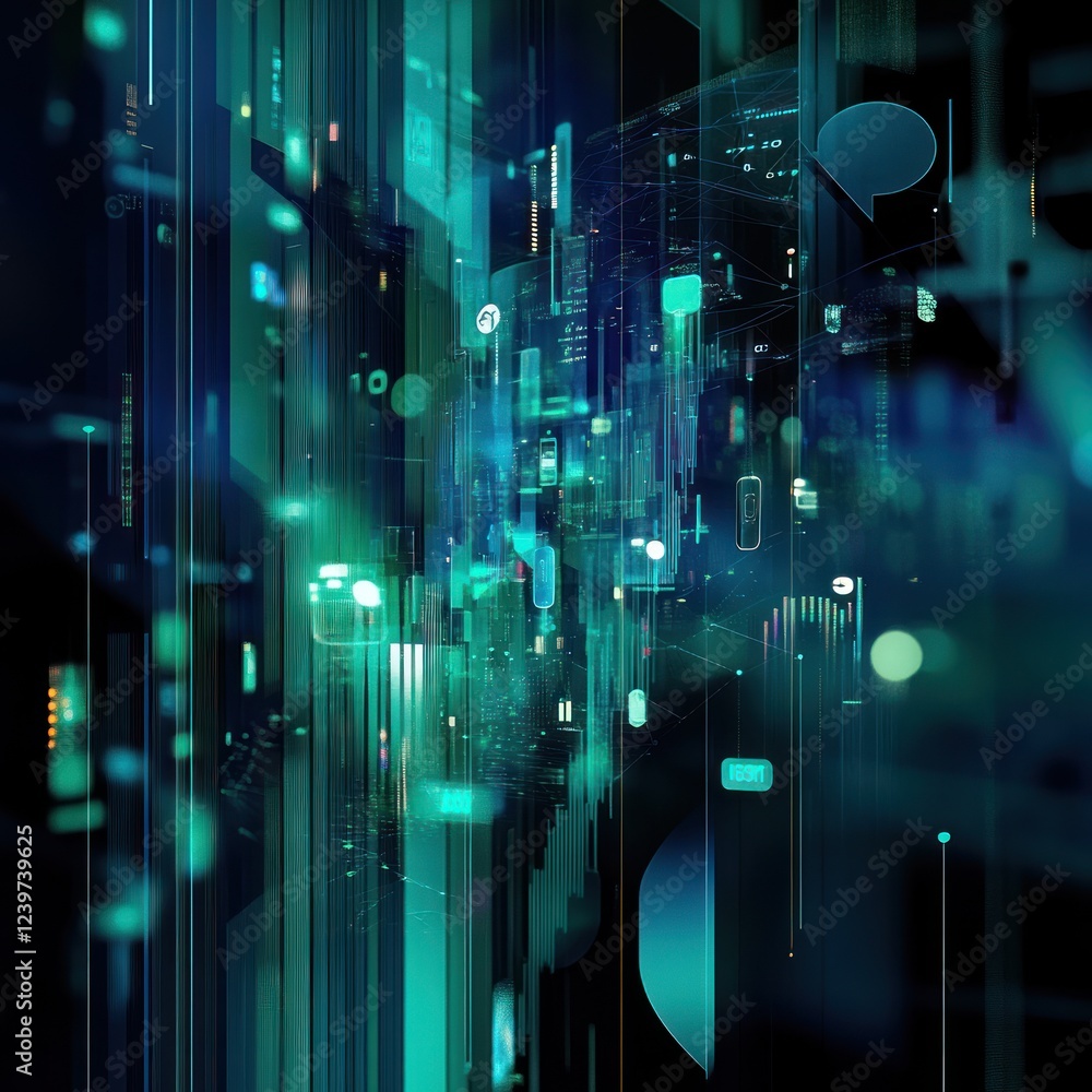 Poster abstract digital shapes and speech bubbles on a dark backdrop; conceptual usage