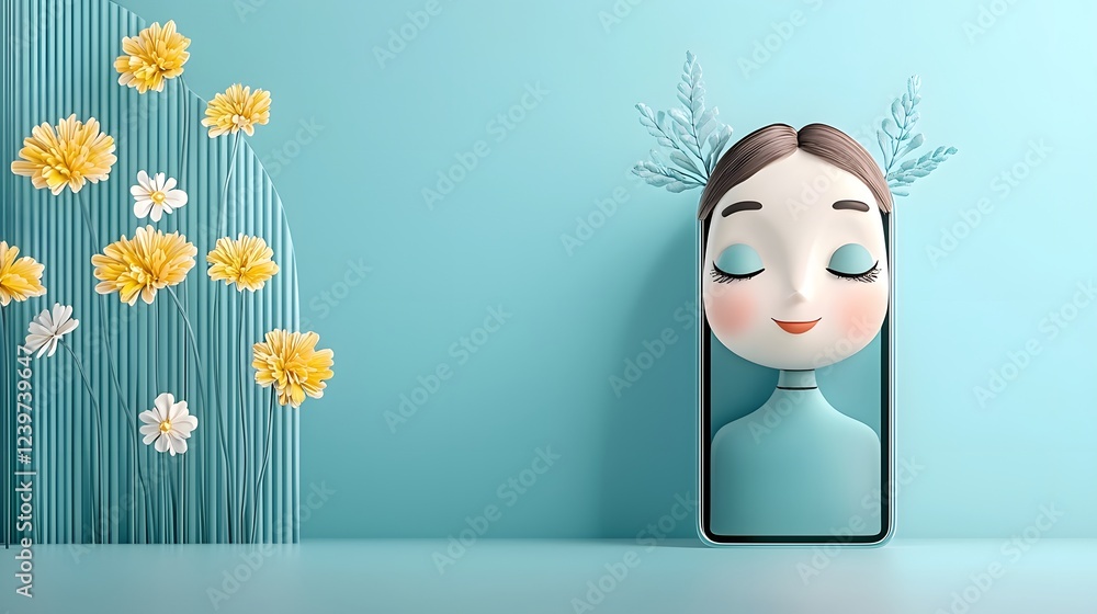 Fototapete Cute 3D Rendered Virtual Assistant Avatar Appearing from Smartphone Screen  Friendly AI powered digital character interface or user experience design for mobile apps websites or software