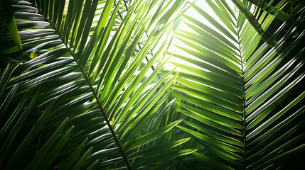 Tropical Green Palm Leaves, Natural Sunlight Background, Vibrant Botanical Backdrop, Eco-Friendly Design, Lush Jungle Foliage, Exotic Greenery