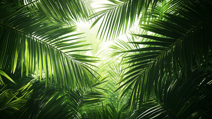 Obraz premium Tropical Green Palm Leaves, Natural Sunlight Background, Vibrant Botanical Backdrop, Eco-Friendly Design, Lush Jungle Foliage, Exotic Greenery