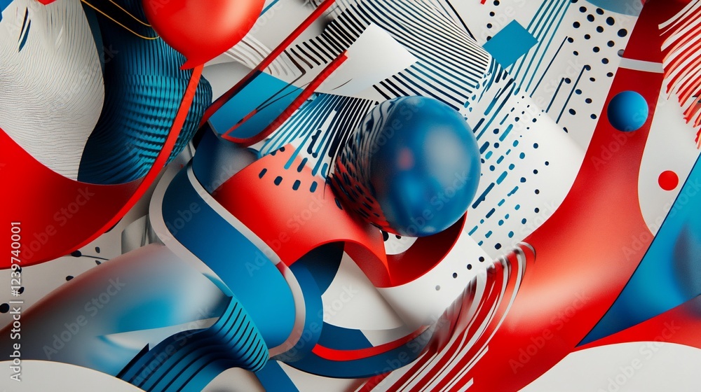 Poster abstract composition with vibrant red white and blue elements in a dynamic scene
