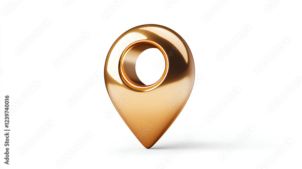 Poster golden 3d location pin icon with a hole in the center, featuring a shiny metallic finish. perfect fo