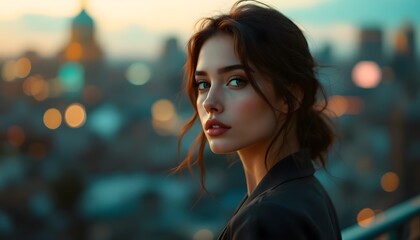 Illustration of a refined woman gazes out over bokeh city lights, portraying poise and urban grace, perfect for upscale fashion publications and digital beauty platforms