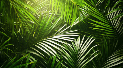 Obraz premium Tropical Green Palm Leaves, Natural Sunlight Background, Vibrant Botanical Backdrop, Eco-Friendly Design, Lush Jungle Foliage, Exotic Greenery