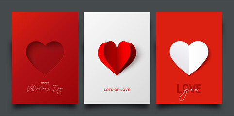 Valentine's day greeting card collection. Cutted paper heart on white, on red paper. Vector illustration, layers isolated.