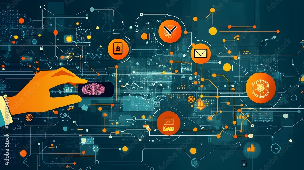 Aufkleber Digital Authentication Process with Fingerprint Scanning and Icons for Secure Identity Verification  This image depicts the futuristic biometric technology used in digital security systems