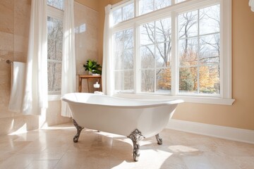 Elegant bathroom with a clawfoot tub and soft natural light from bay windows