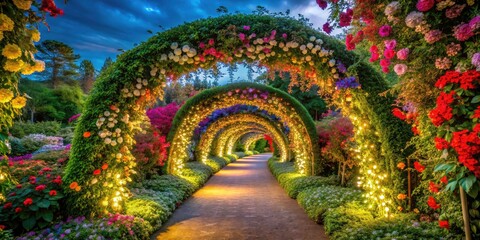 Fototapeta premium Aerial photography captures a vibrant garden path, framed by a luminous floral arch and abundant greenery.
