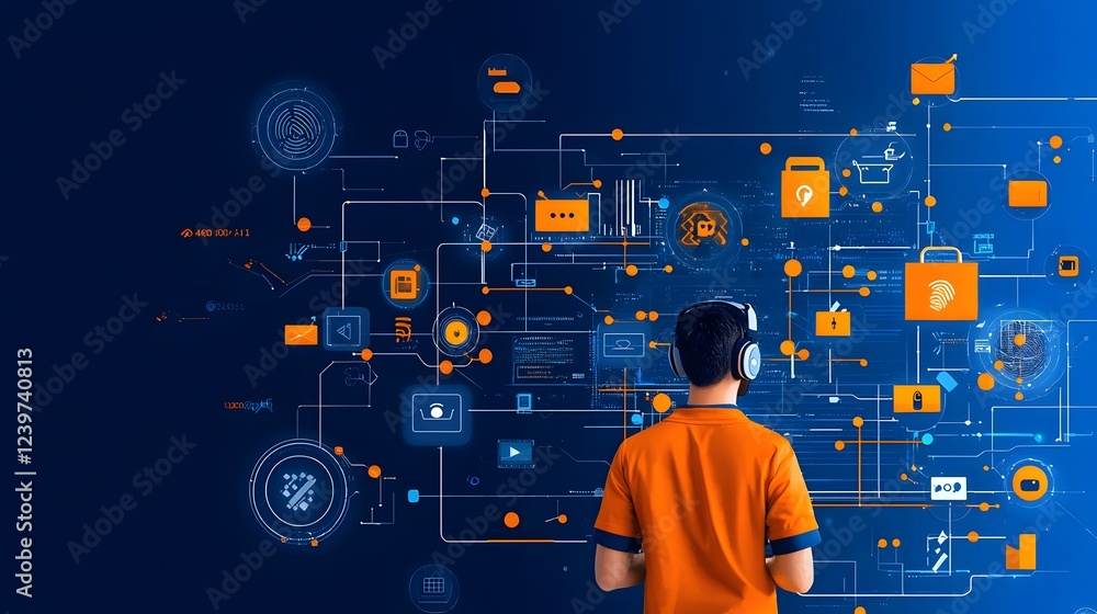Poster Digital Identity Authentication Process with Fingerprint Scanning and Icons Depicting Advanced Technology Cybersecurity and Digital Transformation Concepts