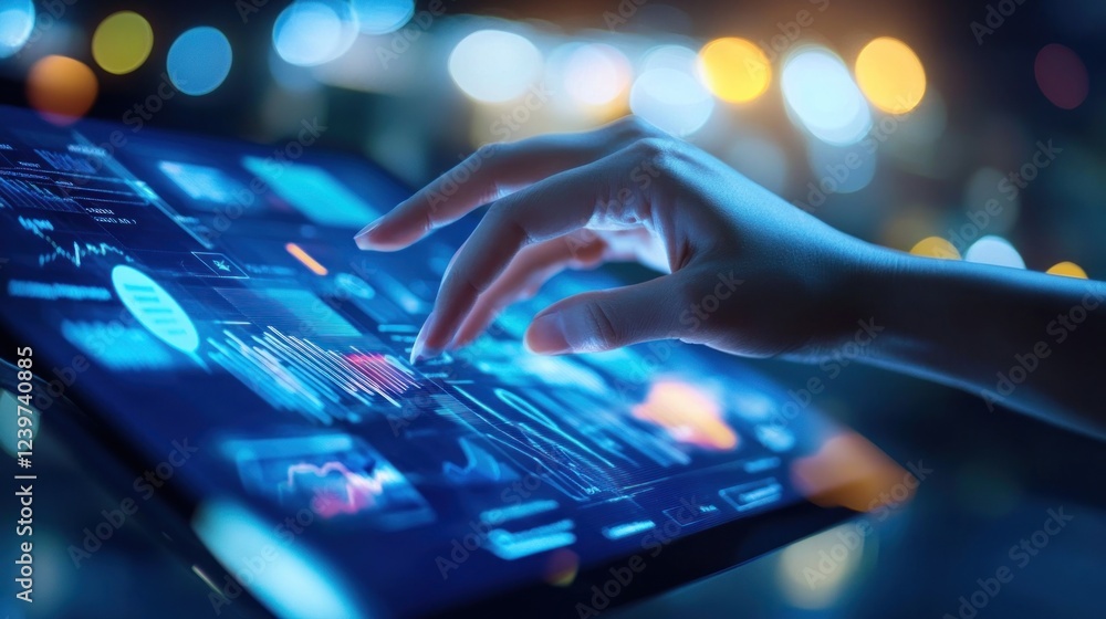 Poster digital data analysis: hand interacting with futuristic interface