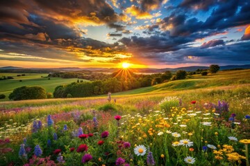 Fototapeta premium Aerial photography reveals a breathtaking sunset over a meadow bursting with wildflowers.