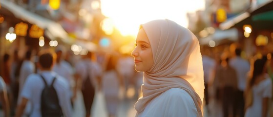 Obraz premium A woman in a hijab stands in a bustling market, illuminated by the warm glow of the sunset, surrounded by blurred figures of people and vibrant stalls.