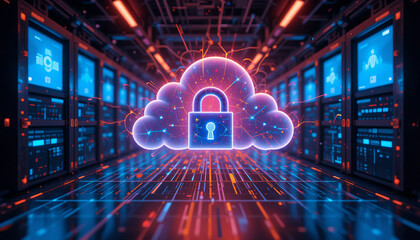 Obraz premium digital cloud with padlock symbolizes secure data storage and protection in server room