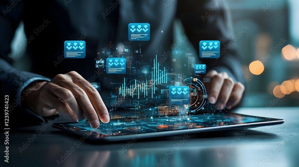 Leinwandbilder Digital Tablet with Floating Rating Metrics Dashboard   Showcasing Data Analytics and Business Intelligence Visualization