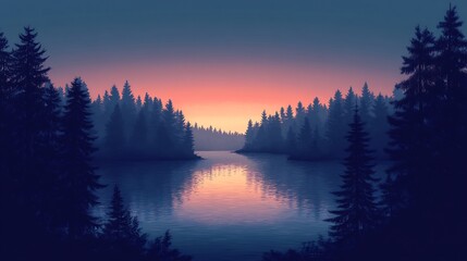 Fototapeta premium Serene Sunset Reflecting on Calm Lake Misty Forest Silhouette. AI Generated