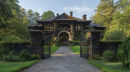 Obraz premium A large house with a black gate and a stone wall