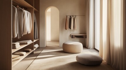 Minimalist Walk-in Closet Design: Neutral Tones and Natural Light