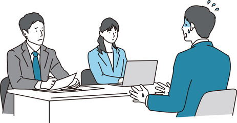 会社の面接で焦るリクルートスーツの男性