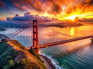 Fototapeta premium Aerial sunrise view of the Golden Gate Bridge, showcasing the San Francisco Bay Area's beauty.