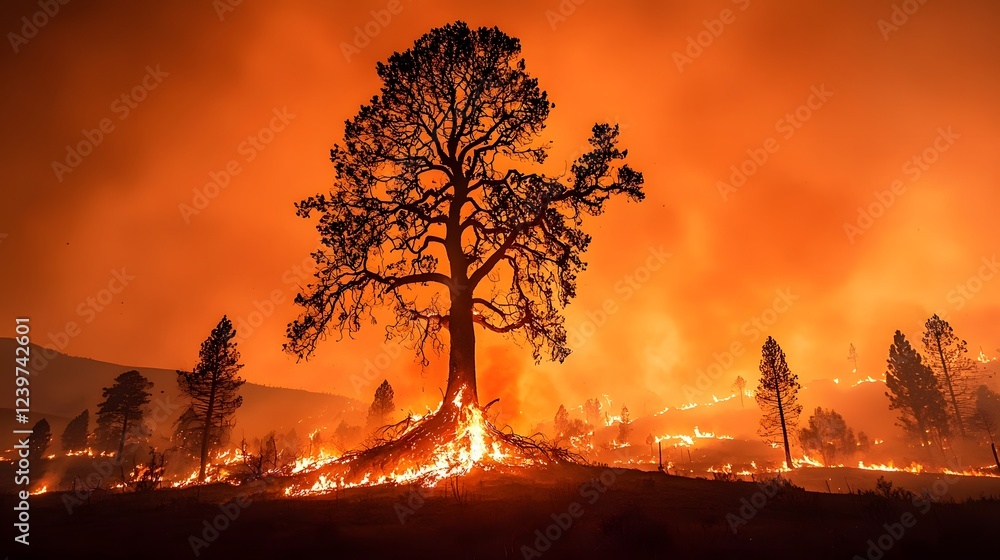 Poster dramatic scene of a raging wildfire with intense flames engulfing and consuming a collapsing tree an