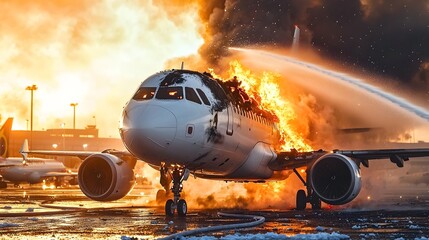 Dramatic scene of firefighting foam being sprayed on a burning commercial aircraft during a major emergency at the airport  The plane is engulfed in intense flames and thick smoke