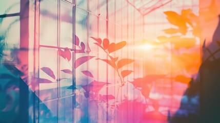 Fototapeta premium Dreamlike Greenhouse Serenity: Sunlight Through Glass and Plants.