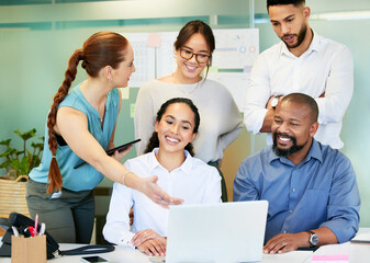 Teamwork, business people and feedback with laptop in office, tax research and report for bookkeeping. Collaboration, employees and accountant with tablet for statement review, smile and discussion