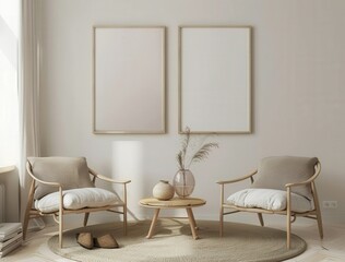 Two wooden framed posters mockup above a wooden coffee table and two armchairs in a living room
