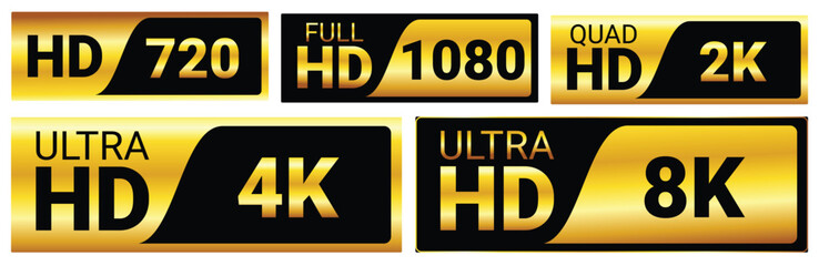 Set illustration of gold and black logos representing various HD display resolutions: HD 720p, Full HD 1080p, Quad HD 2K, Ultra HD 4K, and Ultra HD 8K. These logos highlight different video and screen © Gagah