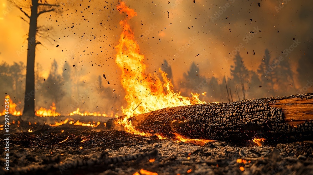 Poster fallen tree engulfed in flames in the center of a raging wildfire with ashes and embers swirling thr