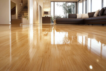 Fototapeta premium Warm-toned bamboo flooring with natural shine in an open living area
