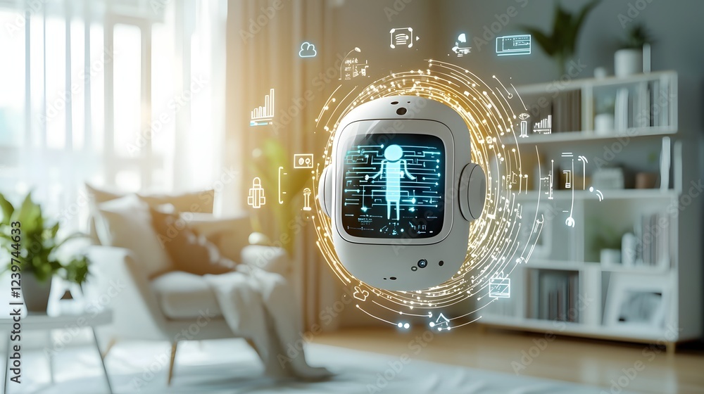 Poster floating holographic projection of an intelligent virtual assistant with a futuristic digital interf