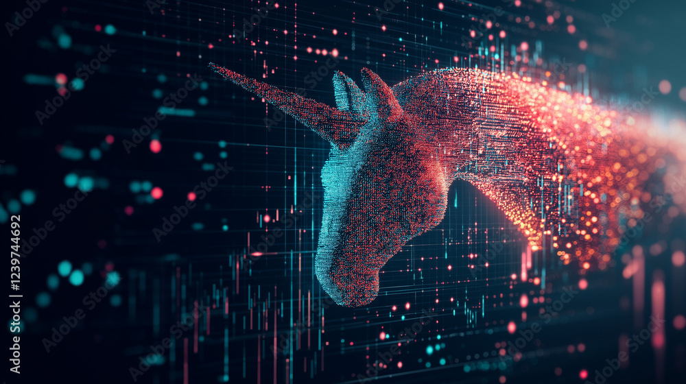 Poster digital unicorn in cyberspace: a majestic unicorn, rendered in shimmering particles of light and dat