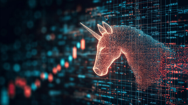 Digital Unicorn:  A captivating and surreal image of a shimmering digital unicorn, rendered in a mesmerizing grid of binary code.
