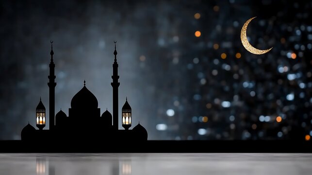 Silhouette of a mosque at night with a crescent moon and blurred city lights in the background