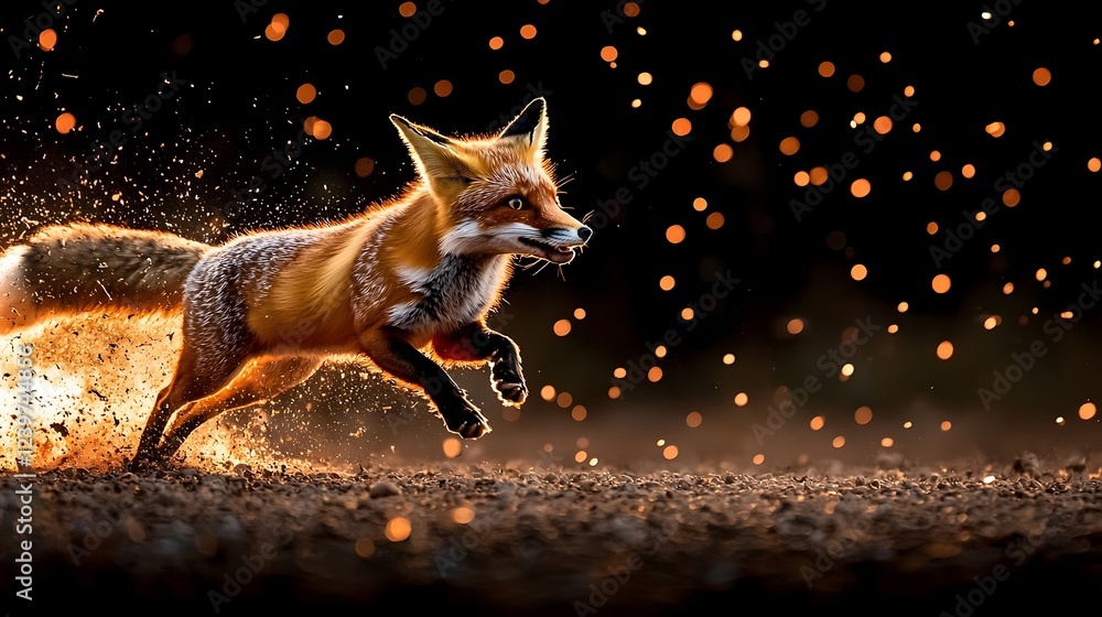 Poster frightened red fox running through the darkness away from an approaching wildfire with glowing ember