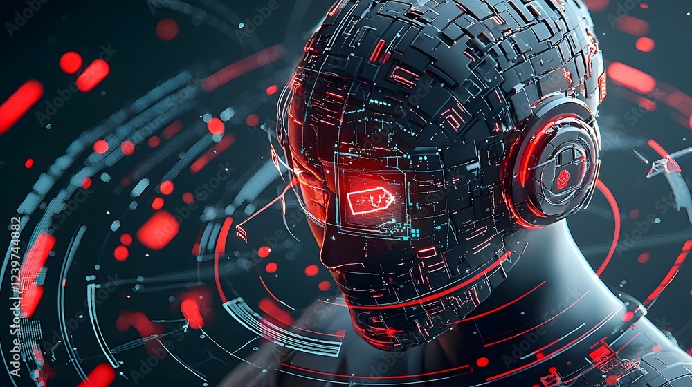 Fototapete Futuristic 3D rendered digital user interface with dynamic KYC identity authentication animations including iris fingerprint and facial scanning